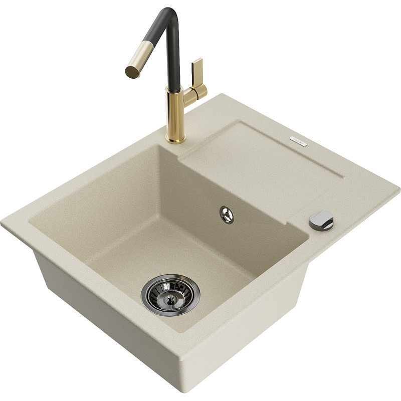Mexen Enzo granitspüle einbauwaschbecken mit abtropffläche und Küchenarmatur Flora, beige - 6506-69-670401-57-B
