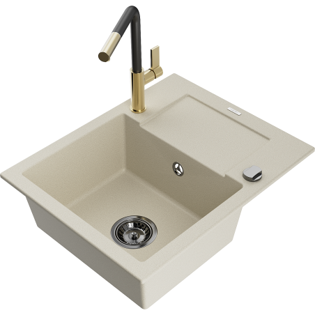 Mexen Enzo Granitspüle 1-Becken mit Abtropffläche und Küchenarmatur Flora, beige - 6506-69-670401-57-B