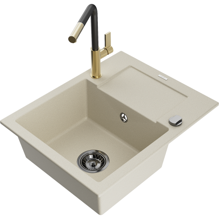Mexen Enzo granitspüle einbauwaschbecken mit abtropffläche und Küchenarmatur Flora, beige - 6506-69-670401-57-B