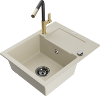Mexen Enzo Granitspüle 1-Becken mit Abtropffläche und Küchenarmatur Flora, beige - 6506-69-670401-57-B
