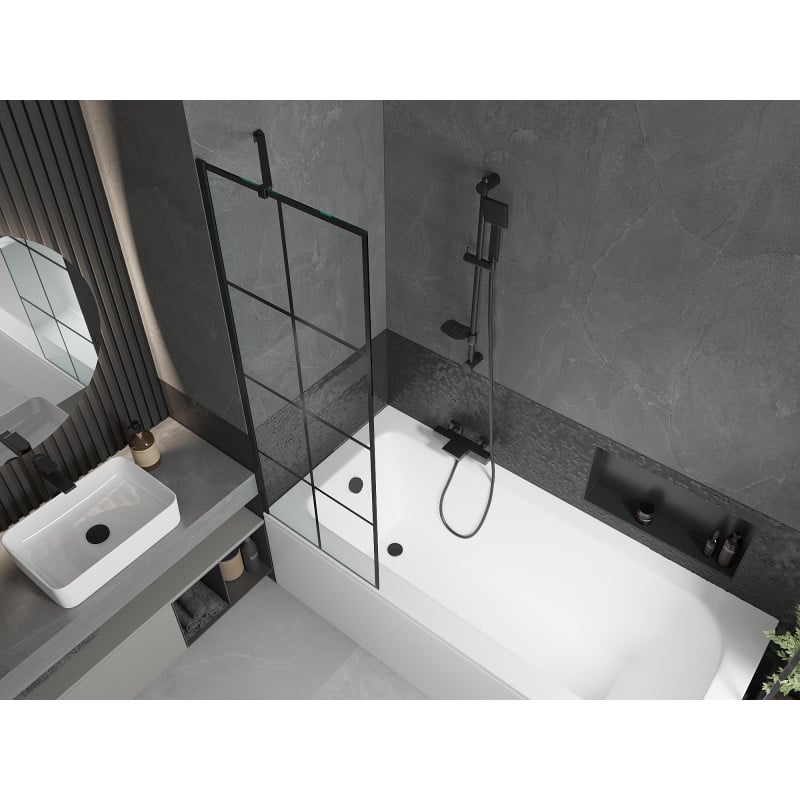 Mexen Vega Rechteckige Wanne 170 x 70 cm mit Verkleidung und 1-flügeliger Abtrennung 60 cm, schwarzes Muster