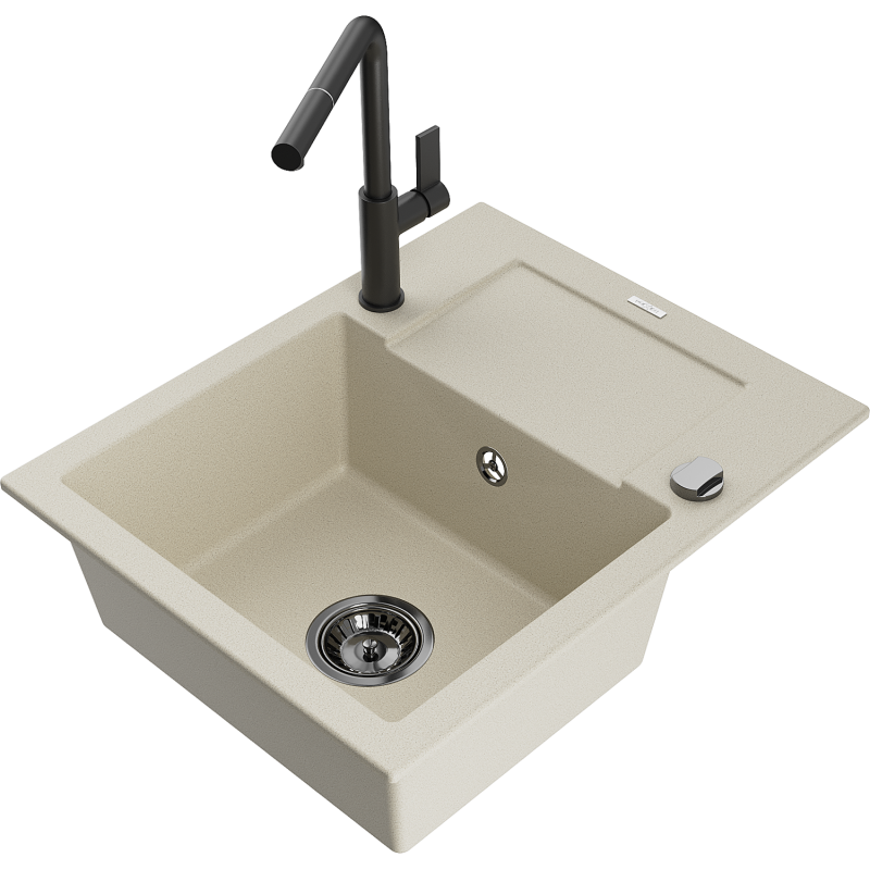 Mexen Enzo Granitspüle 1-Becken mit Abtropffläche und Küchenarmatur Flora, beige - 6506-69-670401-70-B