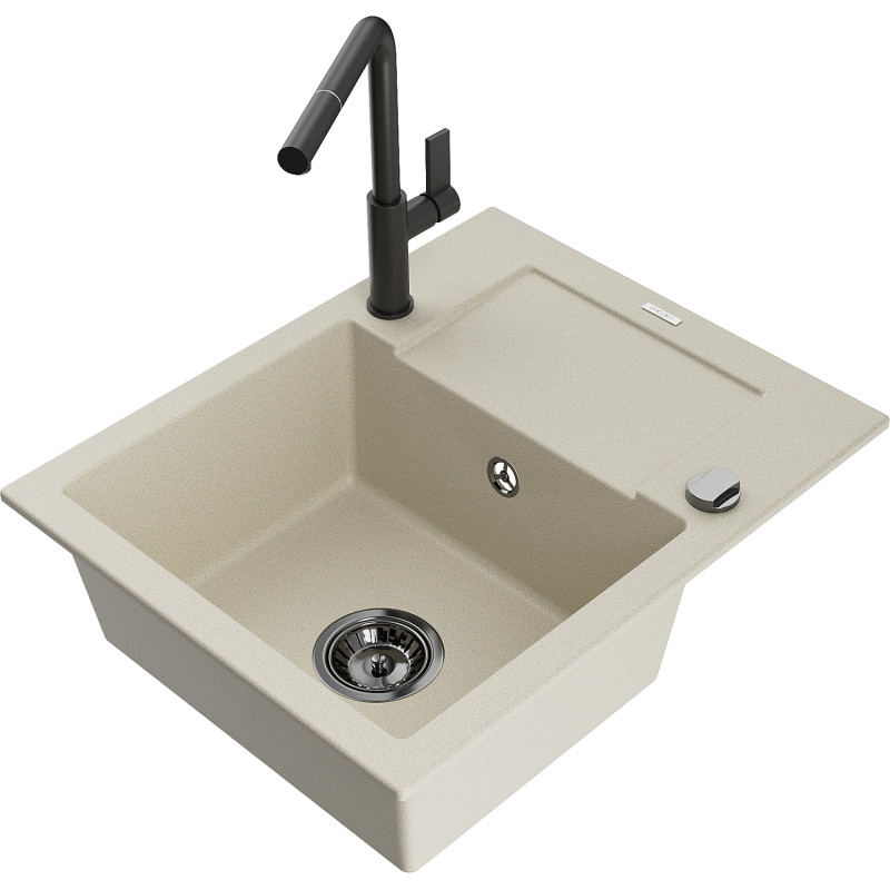 Mexen Enzo Granitspüle 1-Kammer mit Abtropffläche und Küchenarmatur Flora, beige - 6506-69-670401-70-B