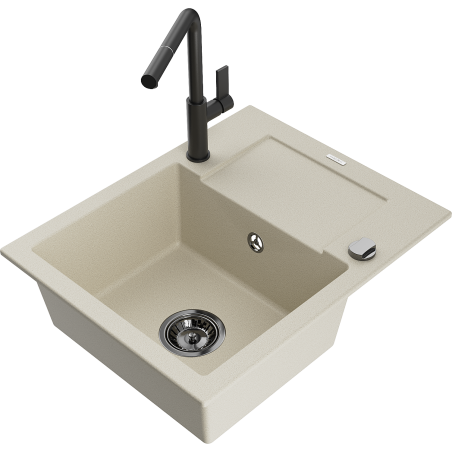 Mexen Enzo Granitspüle 1-Kammer mit Abtropffläche und Küchenarmatur Flora, beige - 6506-69-670401-70-B