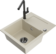 Mexen Enzo Granitspüle 1-Becken mit Abtropffläche und Küchenarmatur Flora, beige - 6506-69-670401-70-B