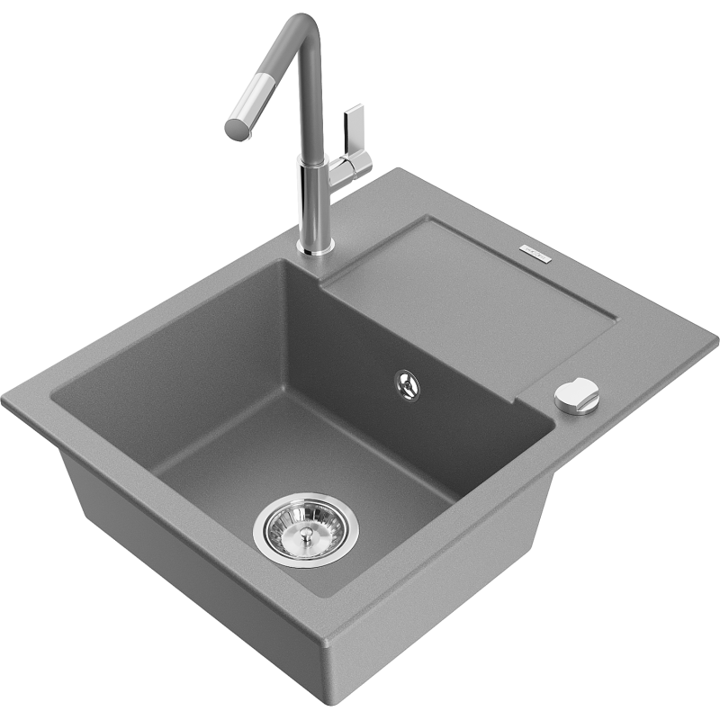 Mexen Enzo Granitspüle 1-Becken mit Abtropffläche und Küchenarmatur Flora, grau - 6506-71-670401-06