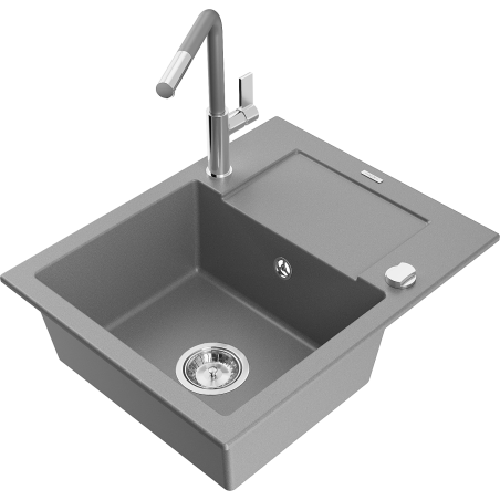 Mexen Enzo Granitspüle 1-Becken mit Abtropffläche und Küchenarmatur Flora, grau - 6506-71-670401-06