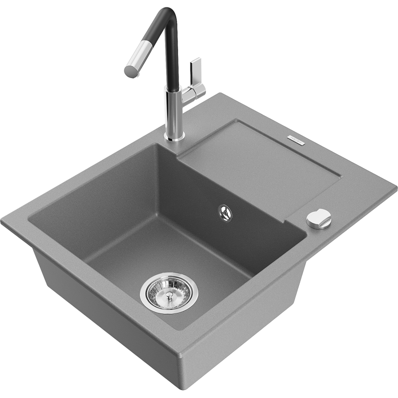 Mexen Enzo Granitspüle 1-Becken mit Abtropffläche und Küchenarmatur Flora, grau - 6506-71-670401-07