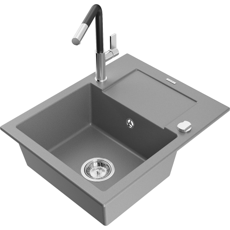 Mexen Enzo Granitspüle 1-Becken mit Abtropffläche und Küchenarmatur Flora, grau - 6506-71-670401-07