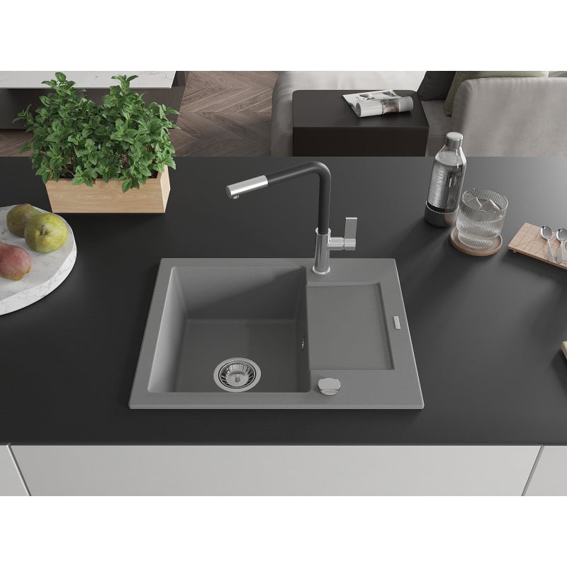 Mexen Enzo Granitspüle 1-Becken mit Abtropffläche und Küchenarmatur Flora, grau - 6506-71-670401-07