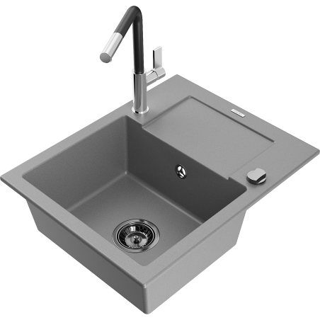 Mexen Enzo Granitspüle 1-Becken mit Abtropffläche und Küchenarmatur Flora, grau - 6506-71-670401-07-B
