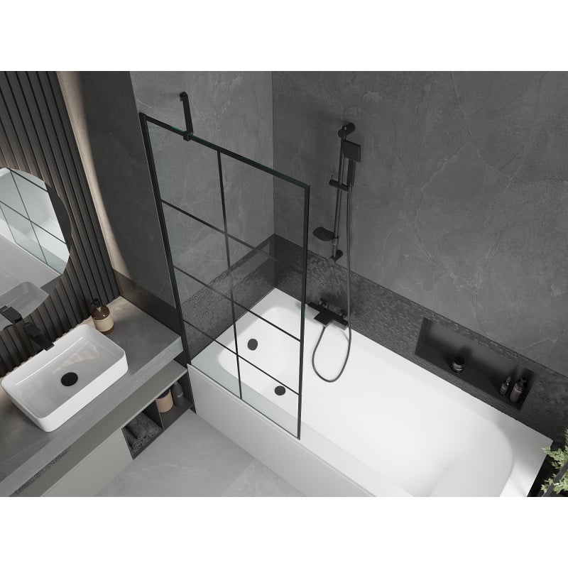 Mexen Vega Rechteckige Badewanne 170 x 70 cm mit Verkleidung und 1-flügeliger Duschabtrennung 80 cm, schwarzes Muster
