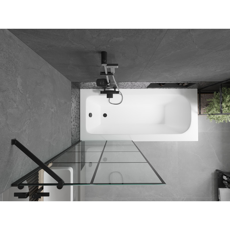 Mexen Vega Rechteckige Badewanne 170 x 70 cm mit Verkleidung und 1-flügeliger Duschabtrennung 80 cm, schwarzes Muster