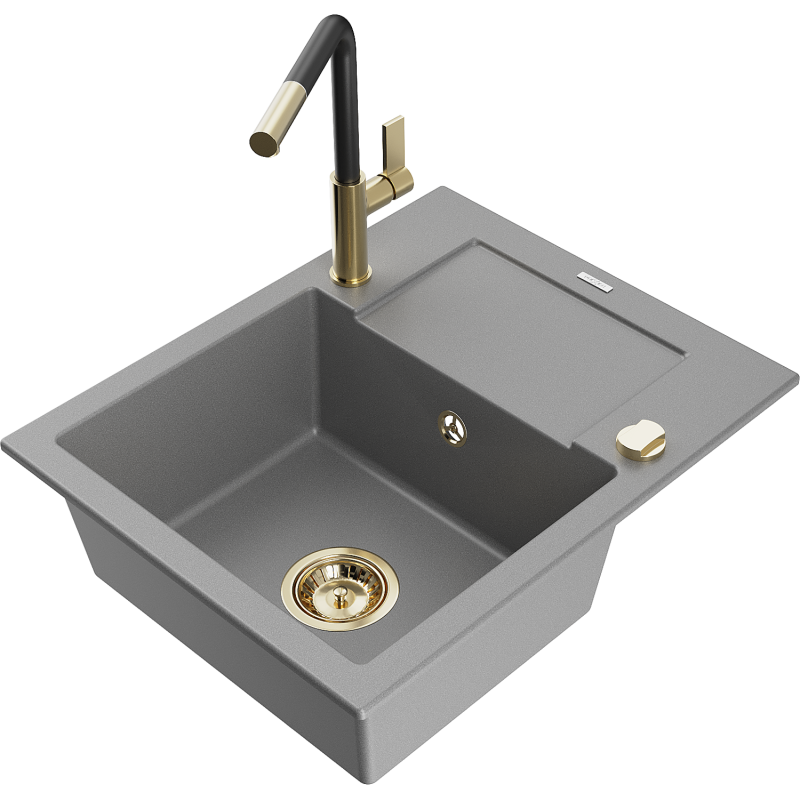 Mexen Enzo Granitspüle 1-Becken mit Abtropffläche und Küchenarmatur Flora, grau - 6506-71-670401-57-G