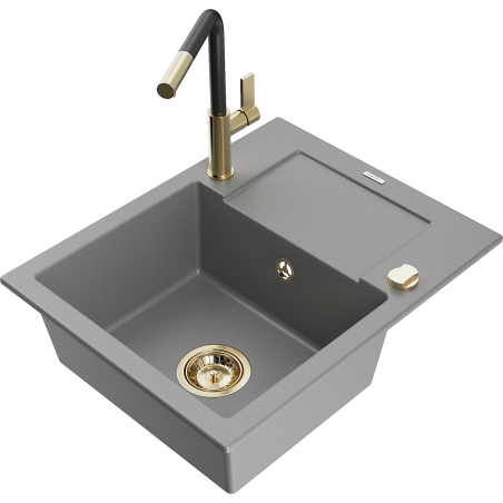 Mexen Enzo Granitspüle 1-Becken mit Abtropffläche und Küchenarmatur Flora, grau - 6506-71-670401-57-G