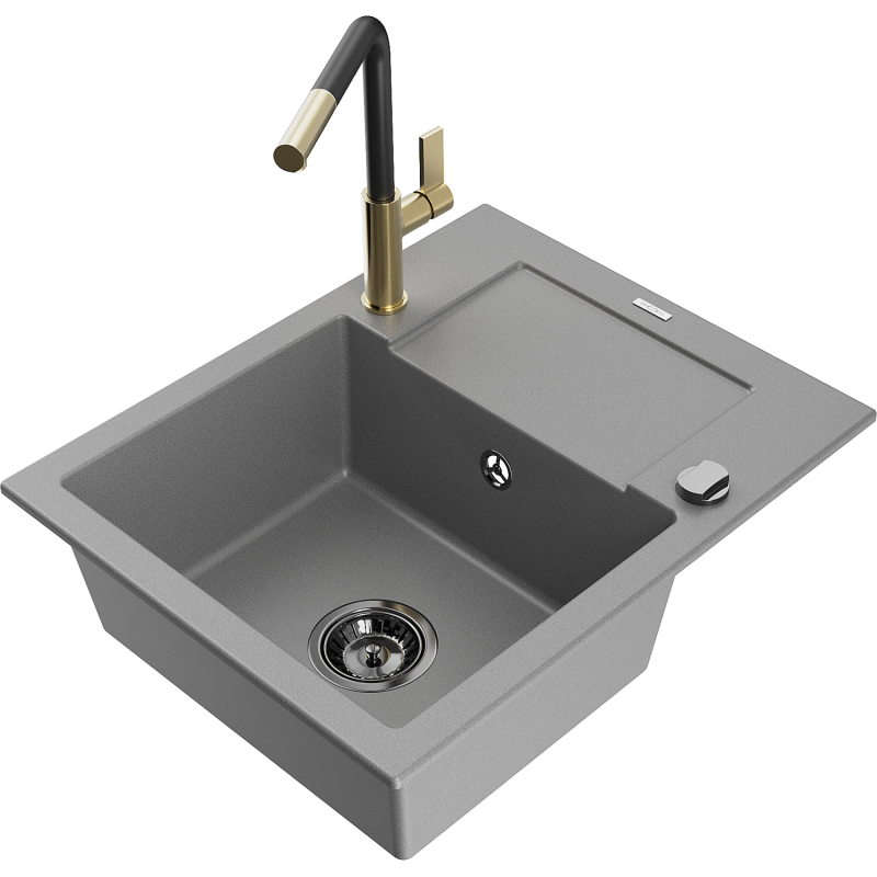 Mexen Enzo Granitspüle 1-Becken mit Abtropffläche und Küchenarmatur Flora, grau - 6506-71-670401-57-B