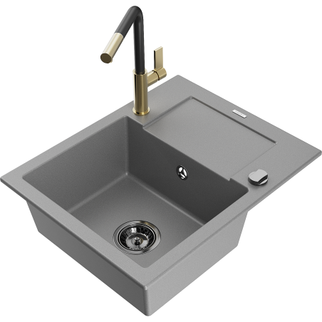 Mexen Enzo Granitspüle 1-Becken mit Abtropffläche und Küchenarmatur Flora, grau - 6506-71-670401-57-B