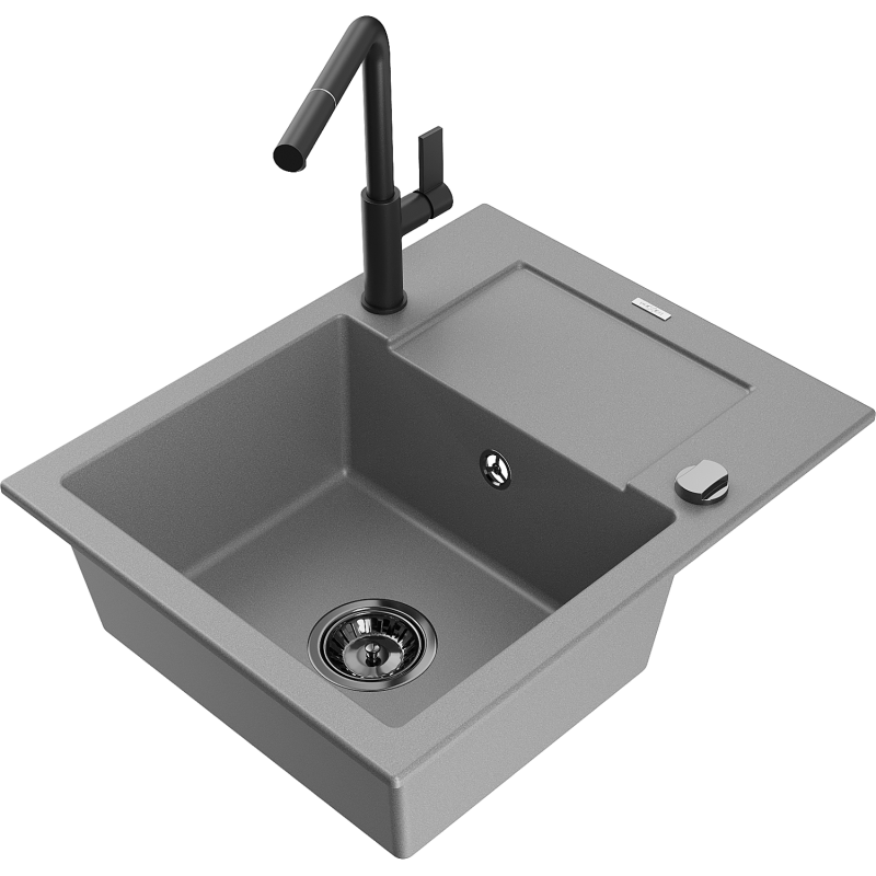 Mexen Enzo Granitspüle 1-Becken mit Abtropffläche und Küchenarmatur Flora, grau - 6506-71-670401-70-B