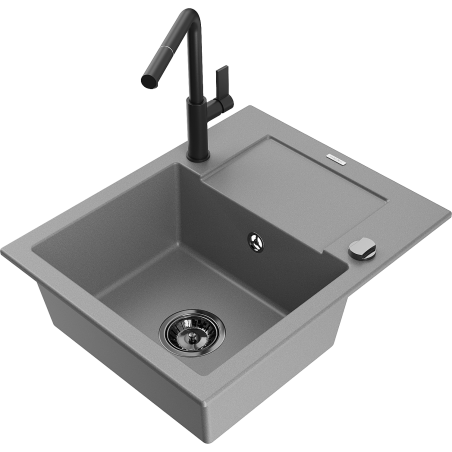 Mexen Enzo Granitspüle 1-Becken mit Abtropffläche und Küchenarmatur Flora, grau - 6506-71-670401-70-B