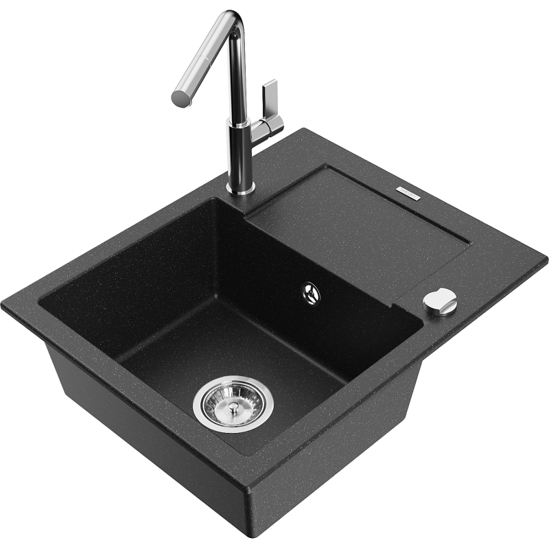 Mexen Enzo granit Spüle 1-Becken mit Abtropffläche und Küchenarmatur Flora, schwarz/silber metallic - 6506-73-670401-00