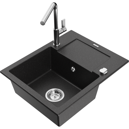 Mexen Enzo granitspüle 1-becken mit abtropffläche und küchenarmatur Flora, schwarz/silbermetallik - 6506-73-670401-00