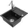 Mexen Enzo 1-Kammer Granitspüle mit Abtropffläche und Küchenarmatur Flora, schwarz/silber metallic - 6506-73-670401-00