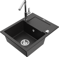 Mexen Enzo granit Spüle 1-Becken mit Abtropffläche und Küchenarmatur Flora, schwarz/silber metallic - 6506-73-670401-00