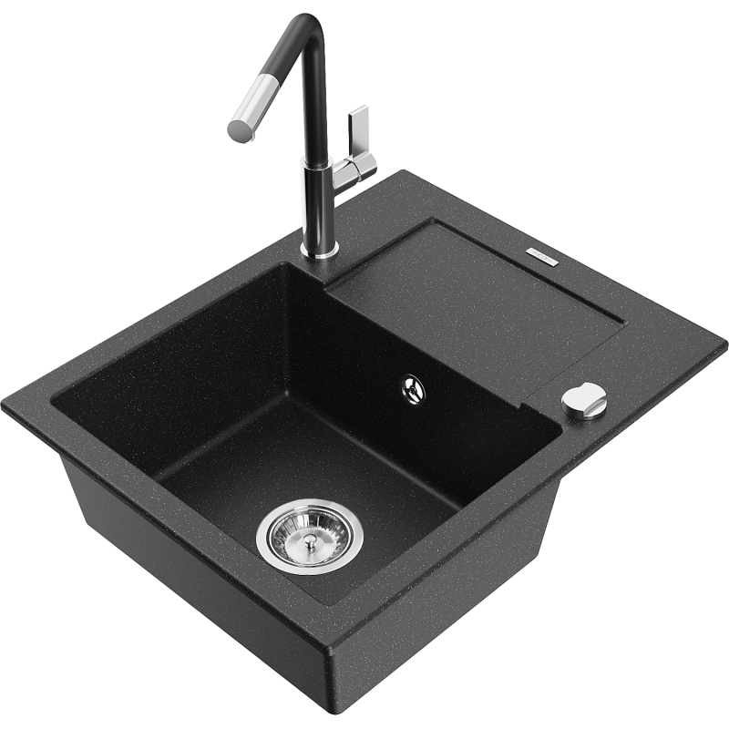 Mexen Enzo Granitspüle 1-becken mit Abtropffläche und Küchenarmatur Flora, schwarz/silber metallic - 6506-73-670401-07