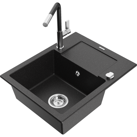 Mexen Enzo Granitspüle 1-becken mit Abtropffläche und Küchenarmatur Flora, schwarz/silber metallic - 6506-73-670401-07