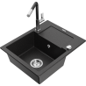 Mexen Enzo Granitspüle 1-becken mit Abtropffläche und Küchenarmatur Flora, schwarz/silber metallic - 6506-73-670401-07