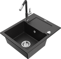 Mexen Enzo Granitspüle 1-becken mit Abtropffläche und Küchenarmatur Flora, schwarz/silber metallic - 6506-73-670401-07