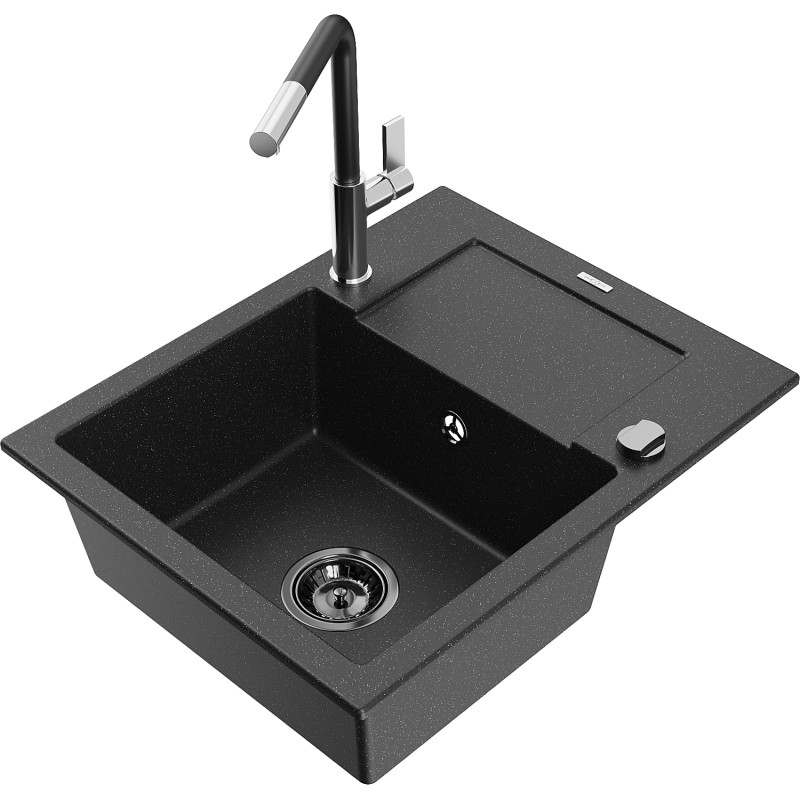 Mexen Enzo Granitspüle mit 1 Becken, Abtropffläche und Küchenarmatur Flora, schwarz/silber metallic - 6506-73-670401-07-B