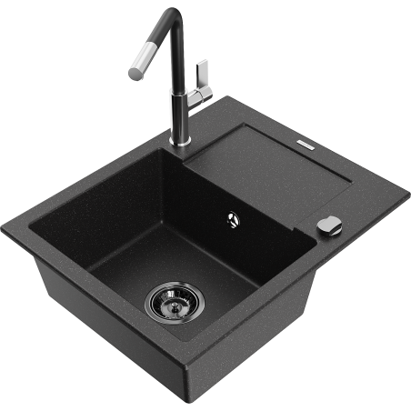 Mexen Enzo Granitspüle 1-beckig mit Abtropffläche und Küchenarmatur Flora, schwarz/silber metallic - 6506-73-670401-07-B