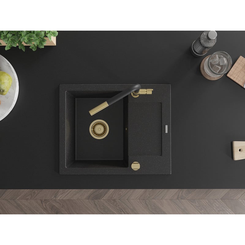 Mexen Enzo Granitspüle 1-Becken mit Abtropffläche und Küchenarmatur Flora, schwarz/silber metallic - 6506-73-670401-57-G