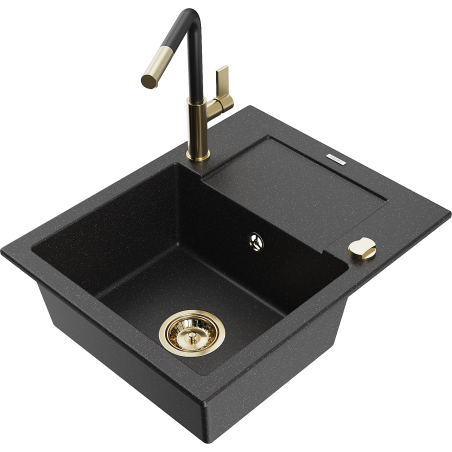 Mexen Enzo Granitspüle 1-Becken mit Abtropffläche und Küchenarmatur Flora, schwarz/silber metallic - 6506-73-670401-57-G