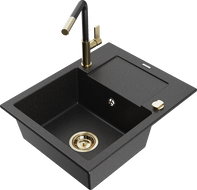 Mexen Enzo Granitspüle 1-Becken mit Abtropffläche und Küchenarmatur Flora, schwarz/silber metallic - 6506-73-670401-57-G