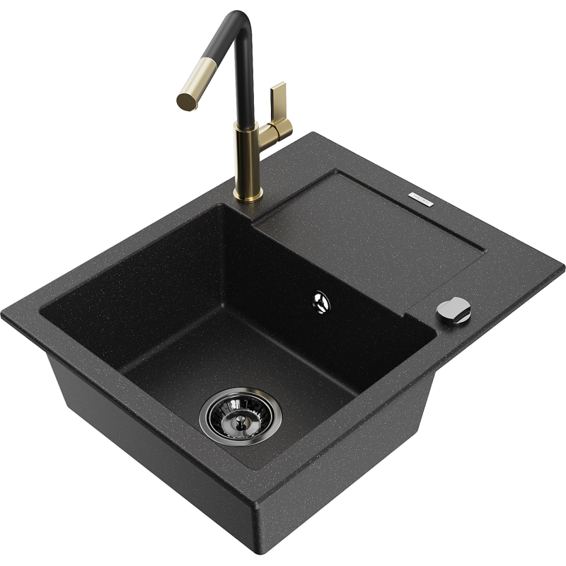 Mexen Enzo Granitspüle 1-Becken mit Abtropffläche und Küchenarmatur Flora, schwarz/silber metallic - 6506-73-670401-57-B