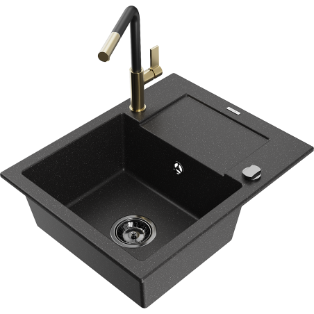Mexen Enzo Granitspüle 1-Becken mit Abtropffläche und Küchenarmatur Flora, schwarz/silber metallic - 6506-73-670401-57-B