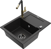 Mexen Enzo Granitspüle 1-Becken mit Abtropffläche und Küchenarmatur Flora, schwarz/silber metallic - 6506-73-670401-57-B