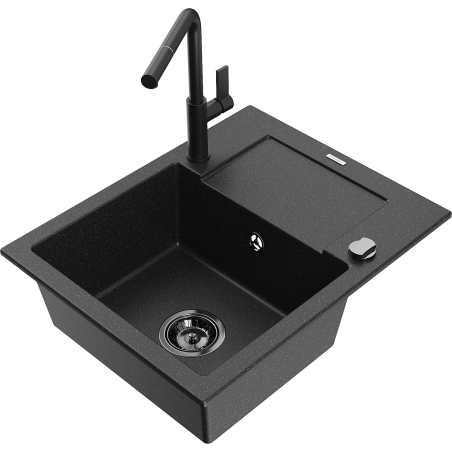 Mexen Enzo Granitspüle mit 1 Becken, Abtropffläche und Küchenarmatur Flora, schwarz/silber Metallic - 6506-73-670401-70-B