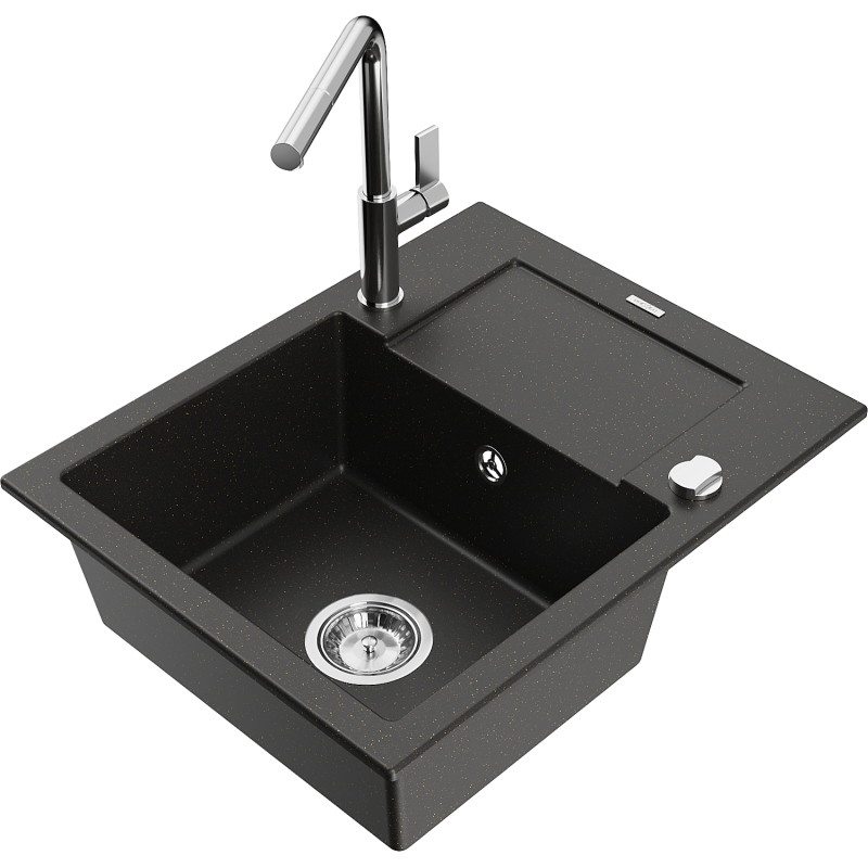 Mexen Enzo Granitspüle 1-Becken mit Abtropffläche und Küchenarmatur Flora, schwarz/gold metallic - 6506-75-670401-00