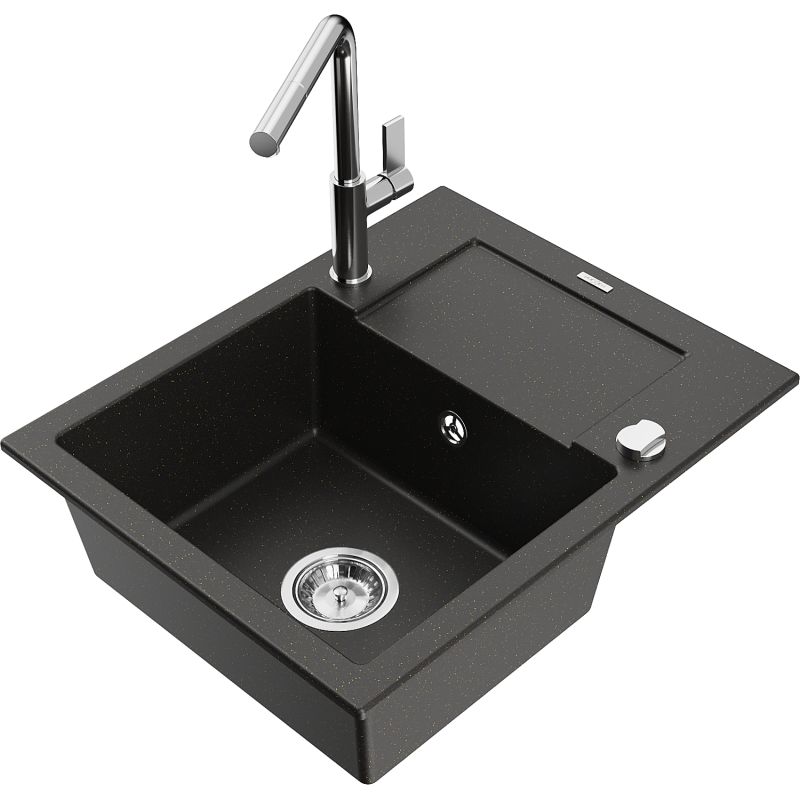 Mexen Enzo Granitspüle 1-Becken mit Abtropffläche und Küchenarmatur Flora, schwarz/goldener Metallic - 6506-75-670401-00