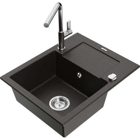 Mexen Enzo Granitspüle 1-Becken mit Abtropffläche und Küchenarmatur Flora, schwarz/goldener Metallic - 6506-75-670401-00