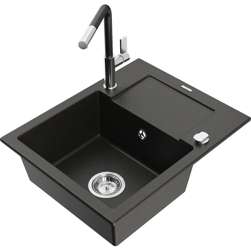 Mexen Enzo Granitspüle 1-Becken mit Abtropffläche und Küchenarmatur Flora, schwarz/gold-metallic - 6506-75-670401-07