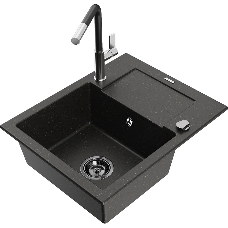 Mexen Enzo Granitspüle 1-beckig mit Abtropffläche und Küchenarmatur Flora, schwarz/goldener Metallic - 6506-75-670401-07-B