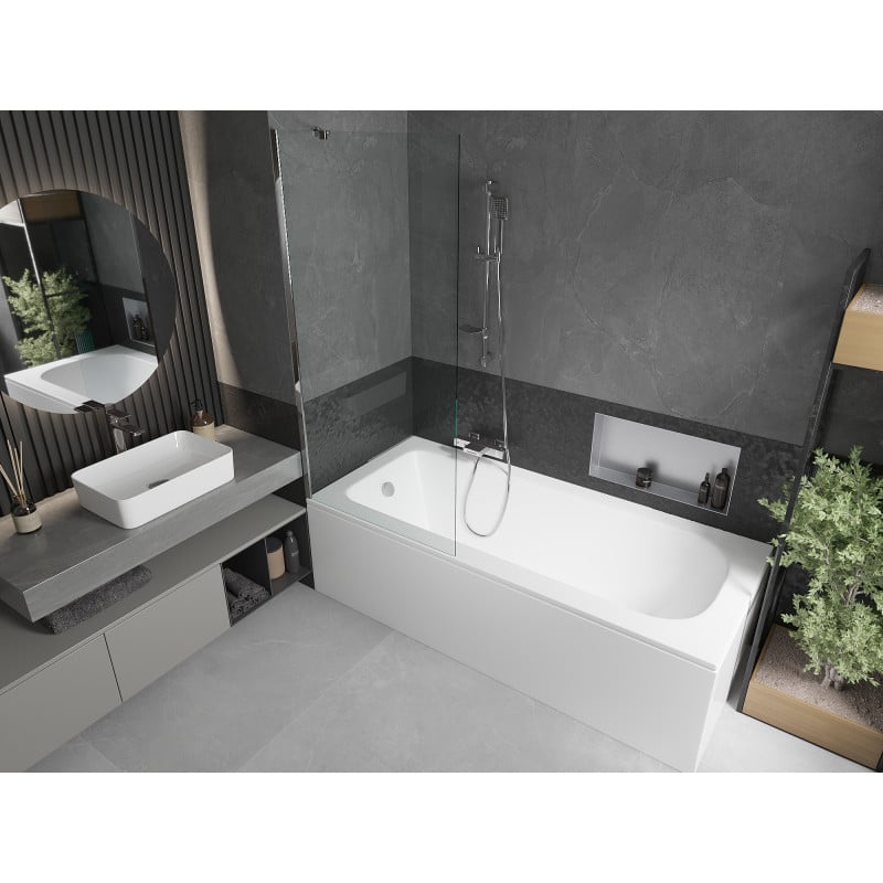 Mexen Vega Rechteckige Badewanne 180 x 80 cm mit Verkleidung und 1-flügeliger Duschwand 80 cm, transparent, Chrom