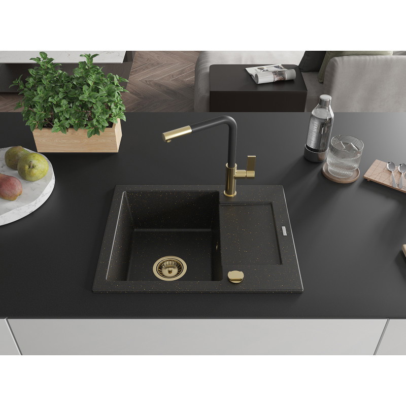 Mexen Enzo Granitspüle 1-becken mit Abtropfbrett und Küchenarmatur Flora, schwarz/gold Metallic - 6506-75-670401-57-G