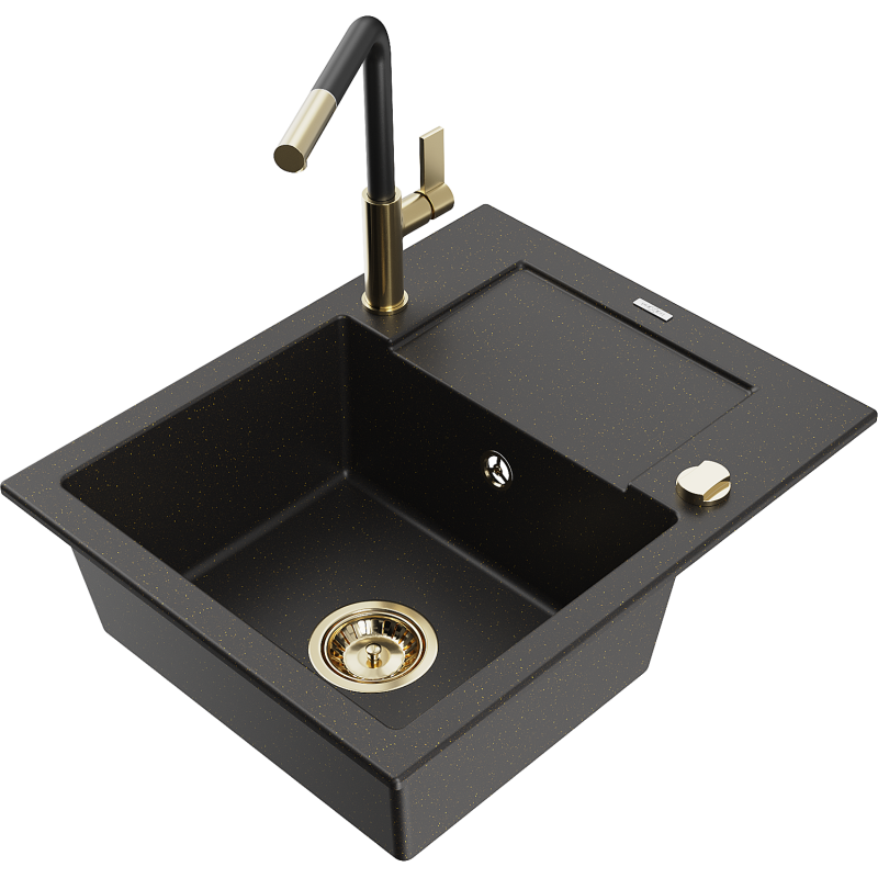 Mexen Enzo Granitspüle 1-becken mit Abtropfbrett und Küchenarmatur Flora, schwarz/gold Metallic - 6506-75-670401-57-G