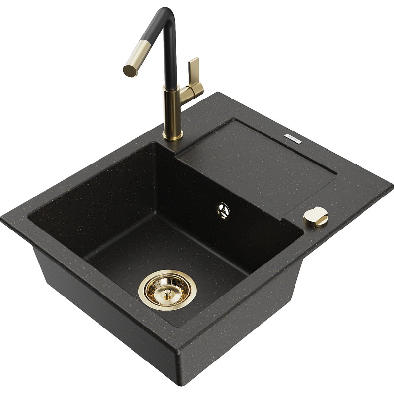 Mexen Enzo Granitspüle 1-becken mit Abtropffläche und Küchenarmatur Flora, schwarz/goldener Metallic - 6506-75-670401-57-G