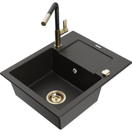 Mexen Enzo Granitspüle 1-becken mit Abtropffläche und Küchenarmatur Flora, schwarz/goldener Metallic - 6506-75-670401-57-G